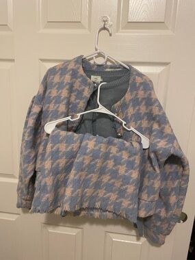 Blue & Pink Houndstooth Jacket and sweater and skirt set